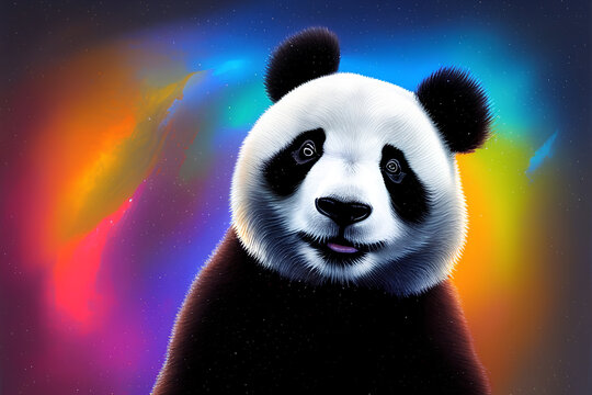 Isolated panda bear on a colorful background. Synth wave style. Generative AI