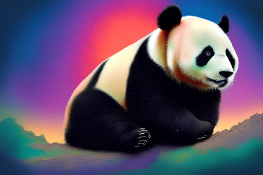 Isolated panda bear on a colorful background. Synth wave style. Generative AI