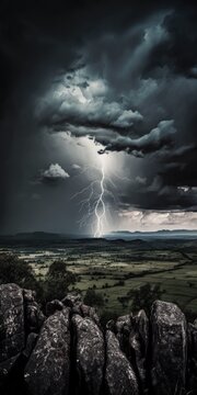 Powerful storm with lightnings in a stunning valley, illustration made with Generative AI 
