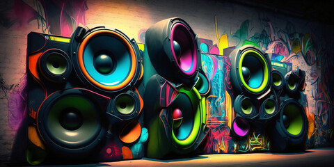 neon style graffiti wall of futuristic speakers, generative ai - obrazy, fototapety, plakaty