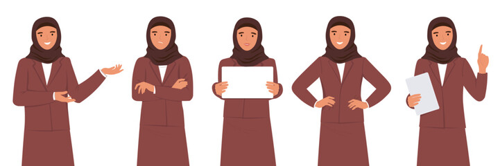 A young Muslim woman in a hijab in a business suit with a tablet in different poses teaches, brings information, thinks. Vector flat graphics.