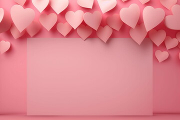 Valentine day greeting concept. Red hearts frame on blue background top view. Flat lay style