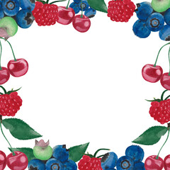 Trendy art template with square frame of watercolor garden berries: raspberry, cherry, blueberries. Suitable for social media posts, postcards, invitations, mobile apps, web ads and pages and more. 