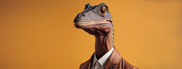 Velociraptor dressed in a formal business suit with a pastel background. anthropomorphic businessman. Generative AI