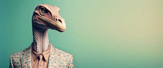Velociraptor dressed in a formal business suit with a pastel background. anthropomorphic businessman. Generative AI