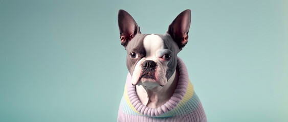 close up of a Buston Terrier dog with a Blue pastel background. Dog fashion photo. Generative AI