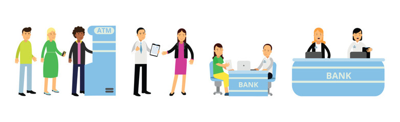 Obraz premium Bank Customers and Staff Serving Clients Vector Illustration Set