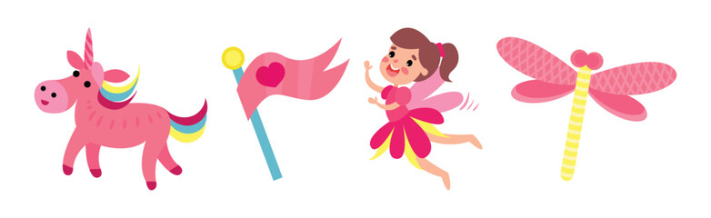 Princess Pink Attributes with Fairy, Unicorn, Flag and Dragonfly Vector Set