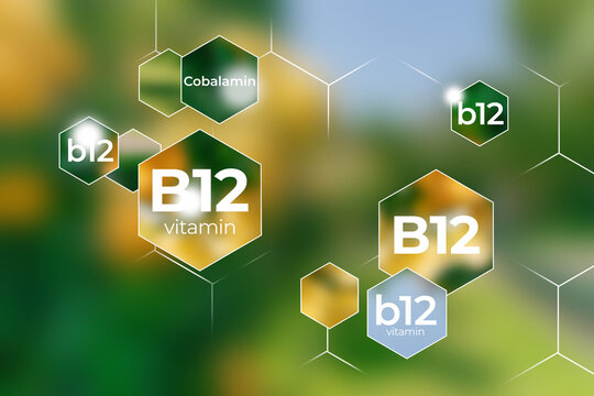 Molecular model of vitamin B12. Hexagons with Vitamin B12 name, blurry green background.