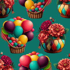 Seamless pattern from a basket with flowers and colorful balloons. Vector stock illustration eps10.