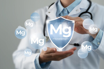 Microelement supplement concept. Shield in doctor`s hands with Magnesium icon.