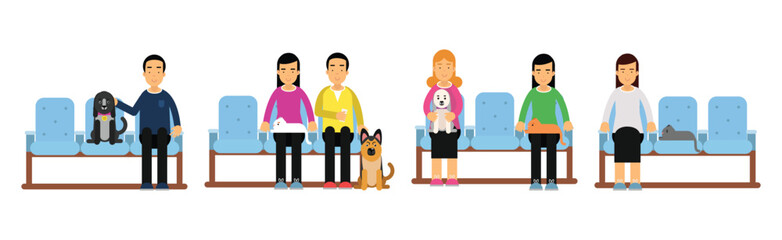 Young Man and Woman Bringing Their Pet for Vet Examination Vector Illustration Set