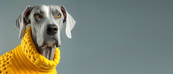 close up of a Great danes dog with a Blue pastel background. Dog fashion photo. Generative AI - obrazy, fototapety, plakaty
