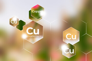 Microelement supplement concept, Copper. Hexagons with Copper icon, blurry pink background.