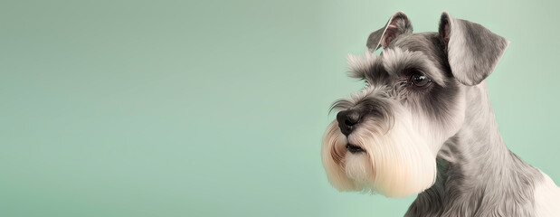 close up of a Miniature Schnauzer dog with a pastel background. Dog fashion photo. Generative AI