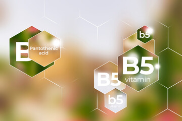 Molecular model of vitamin B5. Hexagons with Vitamin B5 name, blurry floral pink background.