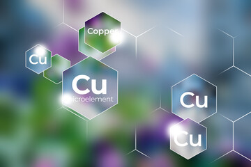 Microelement supplement concept, Copper. Hexagons with Copper icon, blurry lilac background.