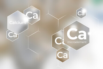 Immunity protection concept, Calcium. Hexagons with Calcium icon, blurry marble background.