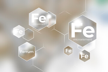 Immunity protection concept, Ferrum. Hexagons with  Ferrum icon, blurry marble background.