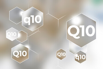  Microelement supplement concept, Q10. Hexagons with Q10 icon, blurry marble background.
