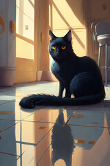 a painting of a black cat sitting on a tile floor, art illustration 