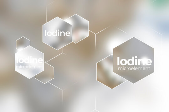 Immunity protection concept, Iodine. Hexagons with Na, Iodine icon, blurry marble background.
