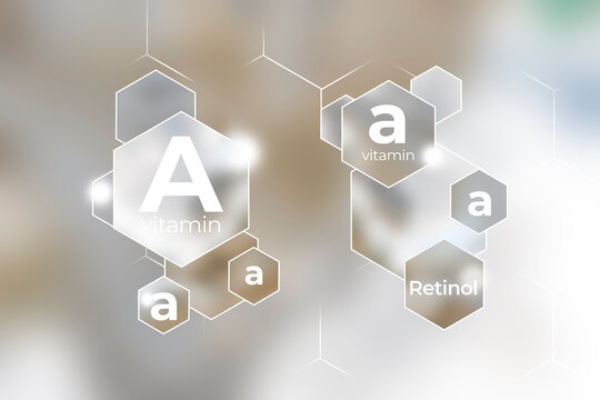 Molecular model of vitamin A, retinol. Hexagons with Vitamin A name, marble beige background.