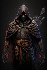 Fototapeta na wymiar assassin in a hoodie with a dagger, full body, RPG game character, dark fantasy character, art illustration 