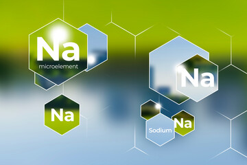 Immunity protection concept, Na, Sodium. Hexagons with Na, Sodium icon, blurry green and blue background.