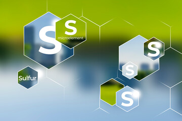 Microelement supplement concept, Sulfur. Hexagons with Sulfur icon, blurry green and blue background.