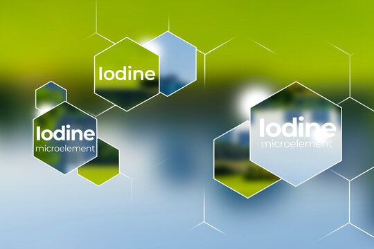 Immunity protection concept, Iodine. Hexagons with Na, Iodine icon, blurry green and blue background.