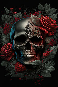 dark creepy valentines skull roses, concept art illustration 