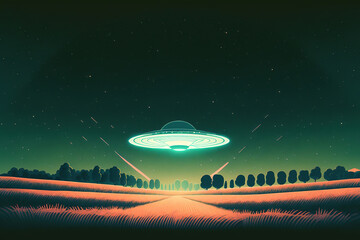 UFO flying over a very long field at night, cartoon illustration 