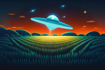 Fototapeta na wymiar UFO flying over a very long field at night, cartoon illustration 