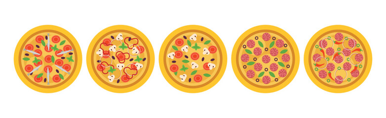 Pizza with Different Toppings Above View Vector Set