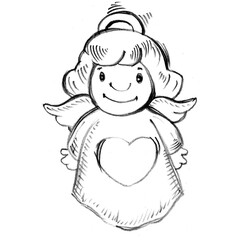 Angel, heart. Graphic black and white isolated drawing. Handmade work. Decoration for Valentine's Day. Love, wedding. Print for children.Religion, character.