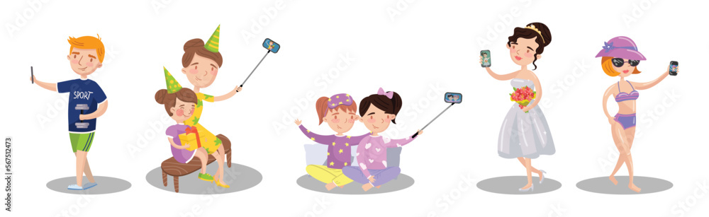 Poster people characters taking selfie with smartphone vector set