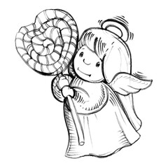 Angels, angels. Graphic black and white isolated drawing. Handmade work. Decoration for Valentine's day. Love, wedding. Print for children.Religion, character.