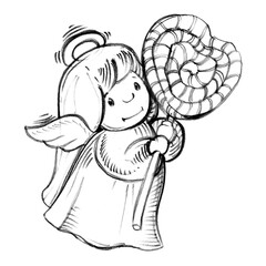 Angel, heart. Graphic black and white isolated drawing. Handmade work. Decoration for Valentine's Day. Love, wedding. Print for children.Religion, character.