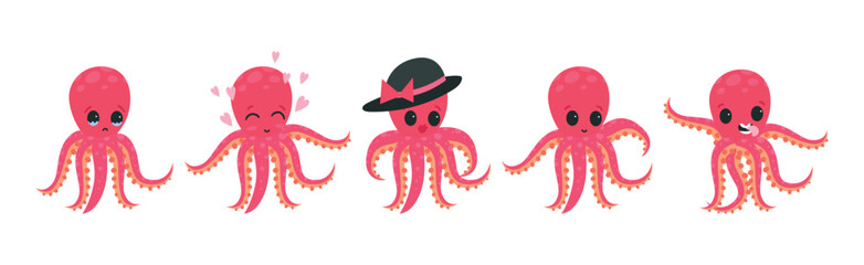 Pink Octopus with Tentacles Showing Different Emotions and Mood Vector Set