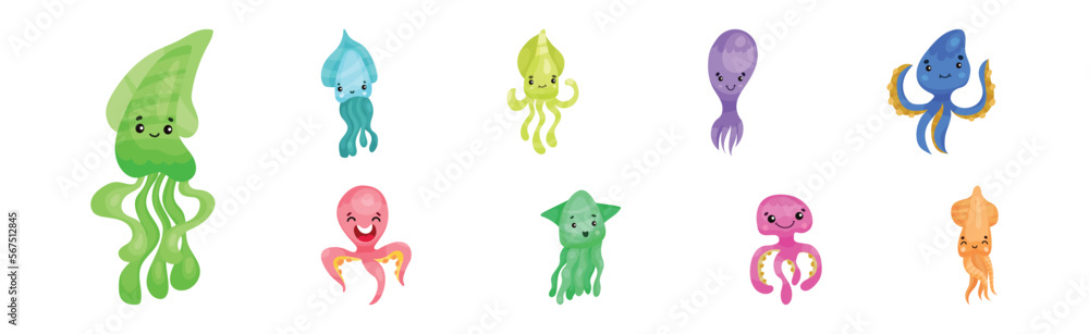 Poster adorable jellyfish and squid characters isolated on white background vector set