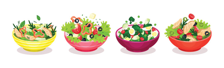 Fresh Salads in Bowl with Green Vegetables and Meat Vector Set