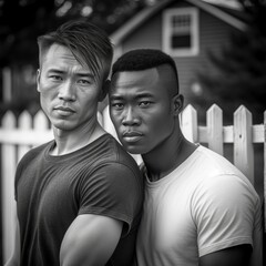 Fototapeta premium Biracial gay couple with white picket fence, Generative AI