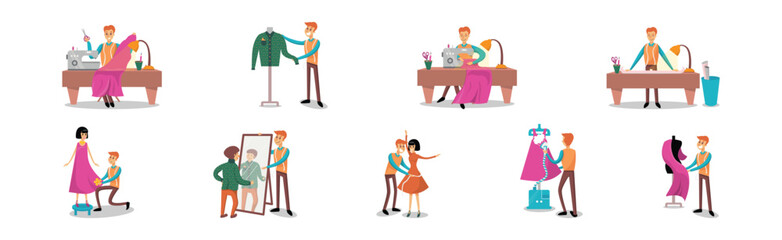 Man Dressmaker or Tailor Sewing for His Customers Vector Set