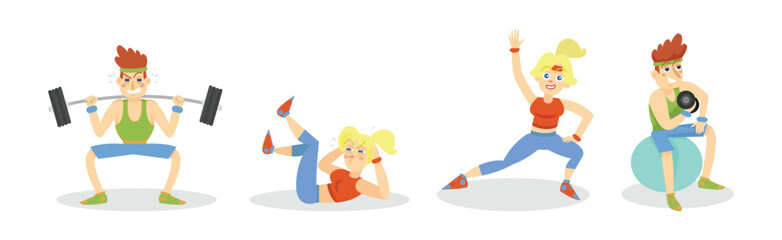 Man and Woman at Gym Sport Training and Workout Vector Illustration Set