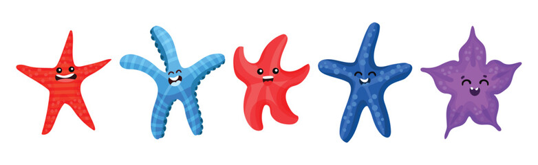 Starfish or Sea Star Smiling and Waving Arms Vector Set