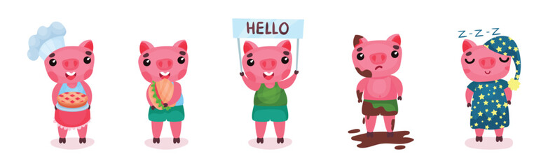 Funny Pink Pig with Cute Snout Engaged in Different Activity Vector Set