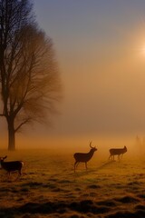 Beautiful sunrise on field with red deer. Winter foggy frosty morning with deer. Winter sunny landscape with sunlight - generative ai