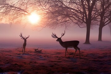 Beautiful sunrise on field with red deer. Winter foggy frosty morning with deer. Winter sunny landscape with sunlight - generative ai