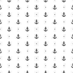 Anchor and dot ship seamless pattern. Black color symbol boat or steering on white background. Repeated marine texture. Repeat nautical design for travel prints. Repeating sea backdrop. Vector illustr © Omeris